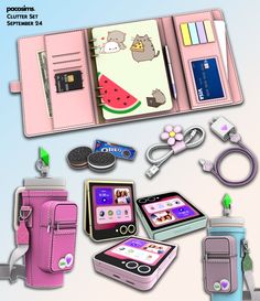 the contents of a pink wallet are shown with various items in it, including keys and id cards