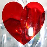 a red heart shaped object sitting on top of a glass vase filled with water and liquid