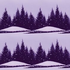 snow covered evergreens and pine trees on a snowy day with purple sky in the background