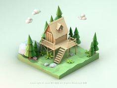 an image of a wooden house in the middle of some trees and rocks with clouds above it