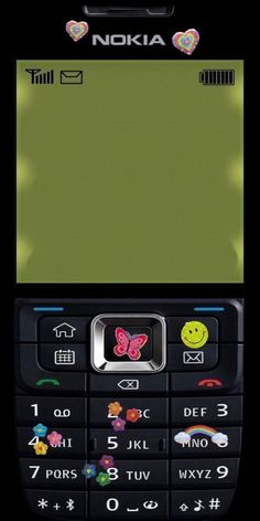 an image of a cell phone with stickers on the front and back side,