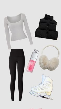 a white top, black leggings and headphones are arranged in the shape of a woman's body