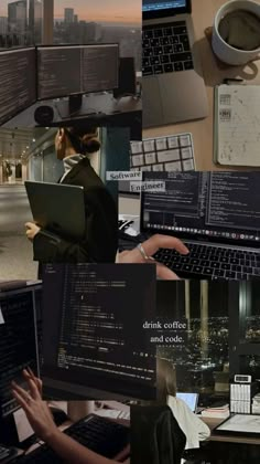 multiple pictures of people working on laptops in an office with coffee and computer screens