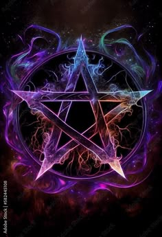 a purple and blue pentagramil surrounded by flames