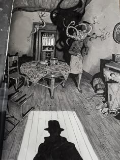 a black and white drawing of a person in a room