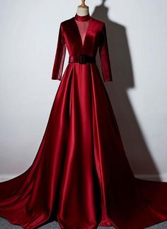 Lovely Red Satin Long Sleeves Formal Dress, Wine Red Prom Dress sold by BeMyBridesmaid on Storenvy Wine Red Prom Dress, Court Train Prom Dress, A Line Prom Dress, Long Sleeve Dress Formal, Long Sleeve Evening Dresses, Beautiful Prom Dresses, A Line Prom Dresses, فستان سهرة, Different Dresses