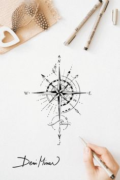 Line drawing of compass signed by the Slovak artist Deni Minar. Available for download and suitable as a tattoo for all travel lovers. Detailed Compass Tattoo, Travel Inspired Tattoos Simple, Whimsical Compass Tattoo, Wave And Compass Tattoo, Beach Compass Tattoo Design, Compass With Waves Tattoo, Compass Hip Tattoo