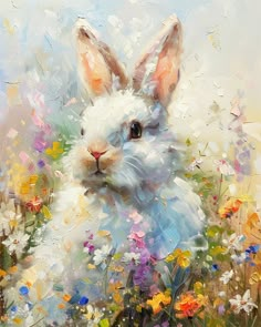 a painting of a white rabbit surrounded by flowers