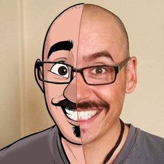 a man with glasses and a bald head has an image of himself as the same person