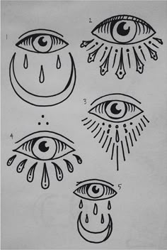 four different types of eyes with drops of water on them