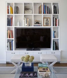 a living room filled with furniture and a flat screen tv mounted on a white wall