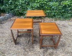 three wooden tables sitting on top of a gravel ground next to a bush with green leaves