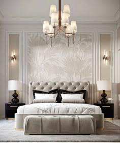 an image of a bedroom setting with chandelier and bed in the foreground