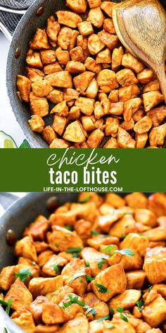 chicken taco bites in a skillet with a wooden spoon and green leaves on the side