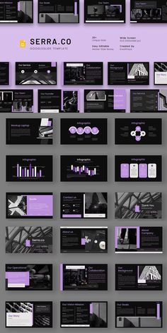 an image of a purple and black powerpoint presentation slider with lots of different slides