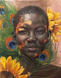 a painting of a woman with sunflowers on her face