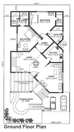 the ground plan for a house with two floors and three car garages on each side