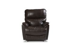 the reclining chair is shown in dark brown leather and has an extended armrest