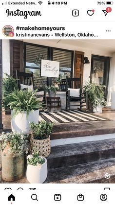 an instagram page with potted plants on the steps and in front of a house