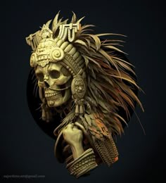 a gold colored statue with feathers on it's head and hands in front of a black background