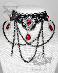 Red Royal Necklace With Black Lace and Rhinestones Plus Draped - Etsy Bulgaria Gothic Red Jewelry For Halloween, Red Gothic Jewelry For Halloween, Red Gothic Jewelry For Party, Adjustable Red Gothic Jewelry, Gothic Chain Jewelry For Valentine's Day, Gothic Valentine's Day Chain Jewelry, Red Gothic Chain Necklace, Gothic Red Necklace With Chain, Gothic Red Chain Necklace