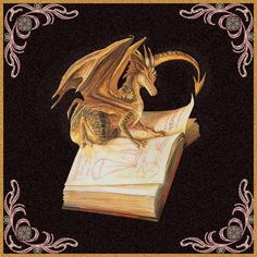 a drawing of a dragon sitting on top of an open book with its wings spread