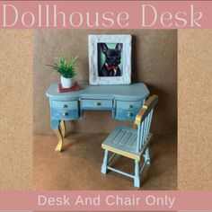 dollhouse desk and chair only with potted plant on the top, blue painted furniture