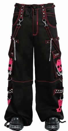 Accept no imitations! From the originator of all things DarkStreet, these black and pink studded pants zip off into shorts (★≧▽^))★☆. They feature two skulls on each leg, removable chains, adjustable ankles, D-rings, and deep pockets. – Drawstring and adjustable waist buckles allow for a tighter fit on the waist. 100% Cotton. Waist measurements are based on the waistband's full extension - that is the maximum inches that the waist will extend to. MODEL IS WEARING X-SMALL SIZE WAIST (Fully Extend Hand In Pants Reference, Colorful Goth Outfits, Tripp Shorts, Pink Punk Outfits, Draw Pants, Punk Fits, Cute Outfits Aesthetic