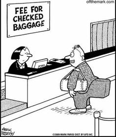 a woman is talking to a man at the check - in desk that says fee for checked baggage