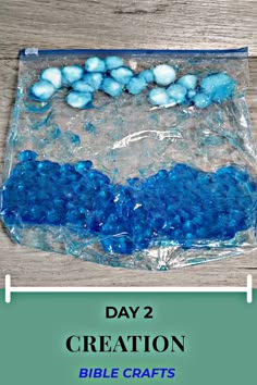 a plastic bag filled with blue rocks and water