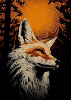 an orange and white painting of a fox in the woods with trees around it's head