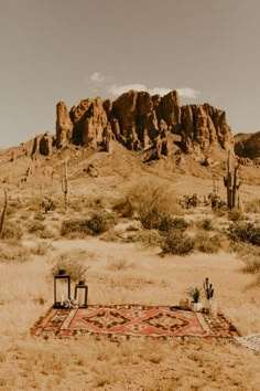 an area rug in the middle of a desert with rocks and cactus trees behind it