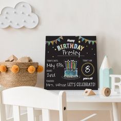 a birthday party sign sitting on top of a white table next to a wooden chair