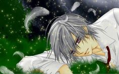 an anime character laying in the grass with his head on his hands and eyes closed