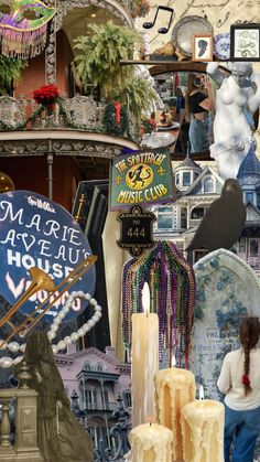 a collage of many different items including candles, signs and other things that are on display