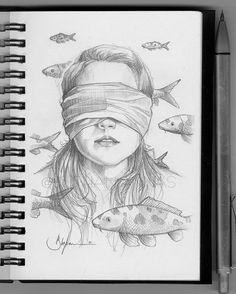 a pencil drawing of a girl with a blindfold on her head and fish around her neck