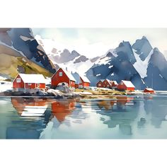 a painting of snow covered mountains and houses on the water with reflections in the water