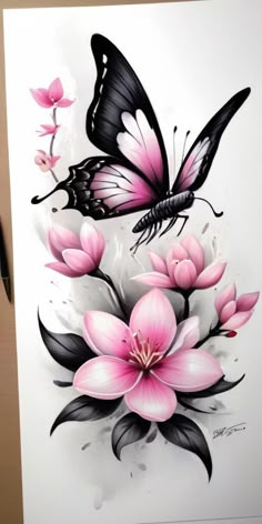 a drawing of pink flowers and a butterfly