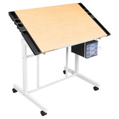 a computer desk with a wooden top and black drawer underneath it on wheels, against a white background