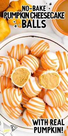 no bake pumpkin cheesecake balls on a white plate with orange and white stripes