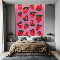 a bedroom with a pink wall and large strawberry painting on the wall above the bed