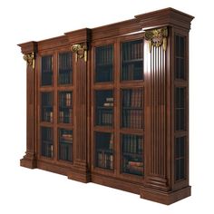 a large book case with many books on the front and back shelves, all in dark wood