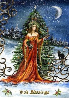 a painting of a woman in a red dress standing next to a christmas tree with a black cat