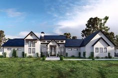 this is an artist's rendering of a house in the country style with white walls and black roof