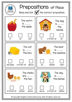 prepositions of place worksheet with pictures and words to help students learn how to