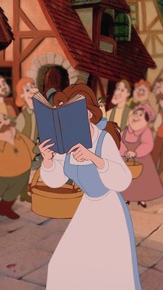 an animated image of a woman reading a book in front of a group of people