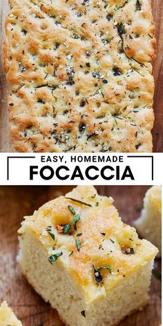 two pictures showing different types of food on a cutting board and in the middle there is a loaf of focaccia bread