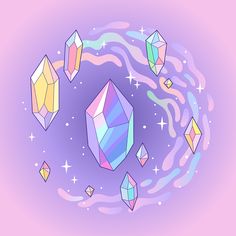 colorful crystals floating in the air on a purple background with stars and swirls around them