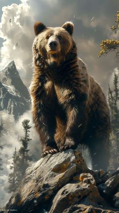 a large brown bear standing on top of a rocky hill next to trees and clouds