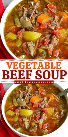 two bowls of vegetable beef soup with carrots and celery